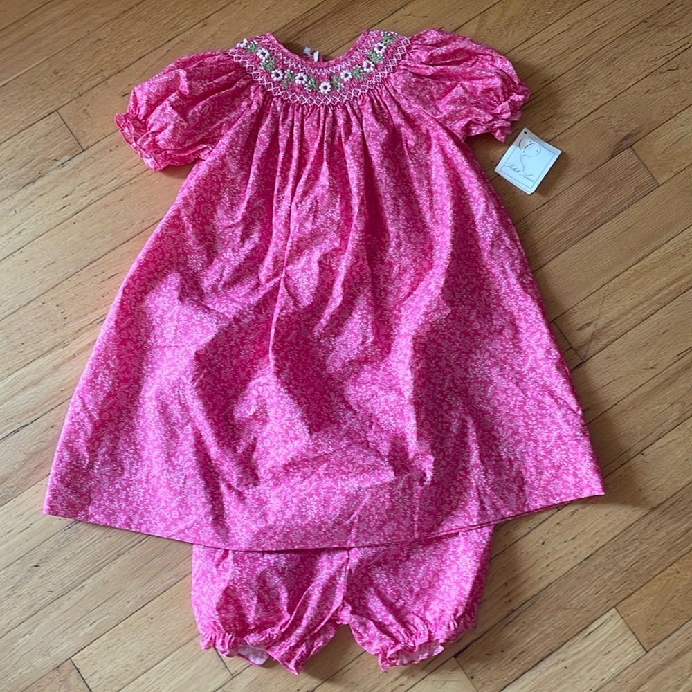Pink smocked dress with bloomers